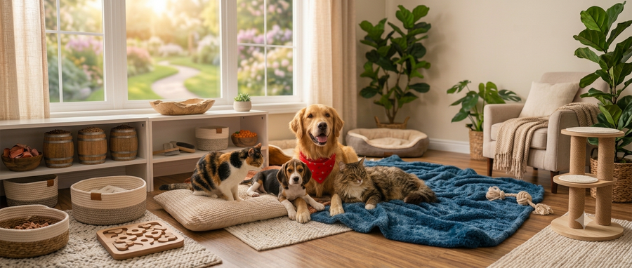 Two dogs and a cat sitting on a blue blanket in a sunlit room with plants and pet accessories.