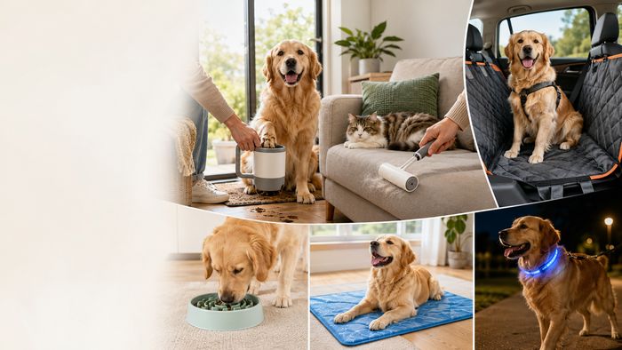 A collage of lifestyle scenes featuring golden retriever dogs and a cat using pet products in a home and car setting, including a quilted pet car seat cover, a blue mat, a glowing collar, and a food bowl.
