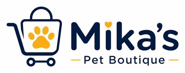 A digital logo for 'Mika's Pet Boutique' featuring a dark blue shopping cart icon with a yellow paw print inside, alongside the store name in dark blue with a small yellow heart accent.
